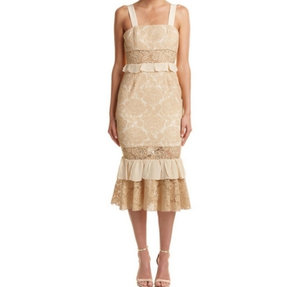 Jay Godfrey Tan Lace Ruffle Trim Midi Dress